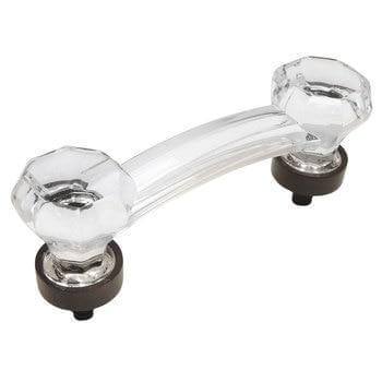 Three inch hole spacing drawer pull with clear glass and diamond rock shaped ends in oil rubbed bronze finish