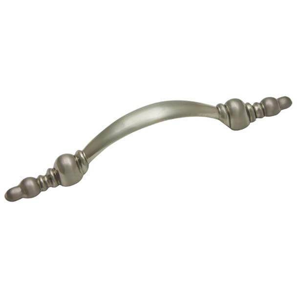 Three inch hole spacing cabinet drawer pull with decorative balls at the ends in satin nickel finish