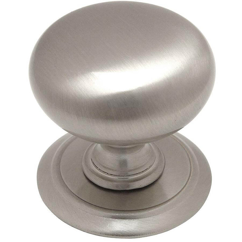 Satin nickel cabinet drawer pull with a wide backplate
