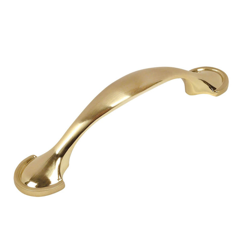 Brushed brass drawer pull with three inch hole spacing and shovel shaped ends