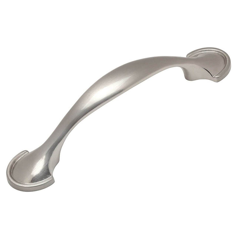 Cabinet drawer pull in satin nickel finish with three inch hole spacing and shovel shaped ends