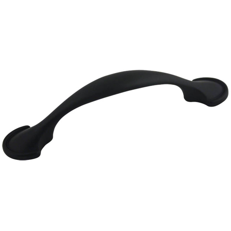 Cabinet pull in flat black finish with three inch hole spacing and shovel shaped ends