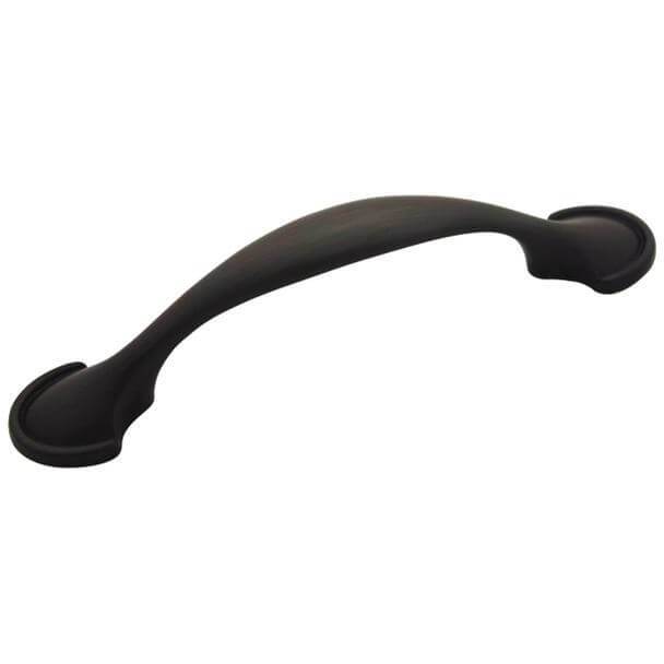 Oil rubbed bronze drawer pull with three inch hole spacing and shovel shaped ends