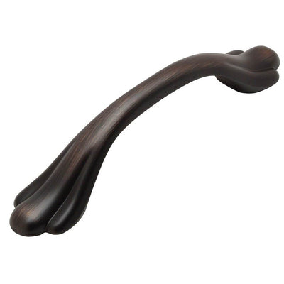 Three inch hole spacing cabinet pull with petals engraving at the ends in oil rubbed bronze finish