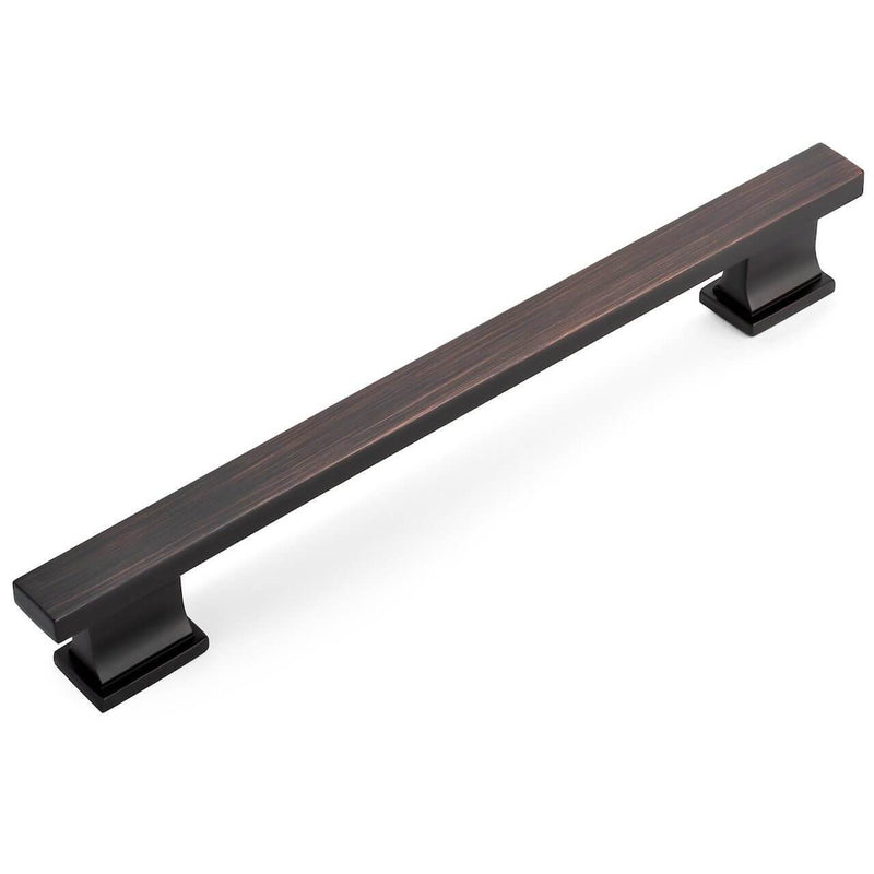 Sturdy cabinet pull with six and five sixteenths inch hole spacing and square edge design in oil rubbed bronze finish