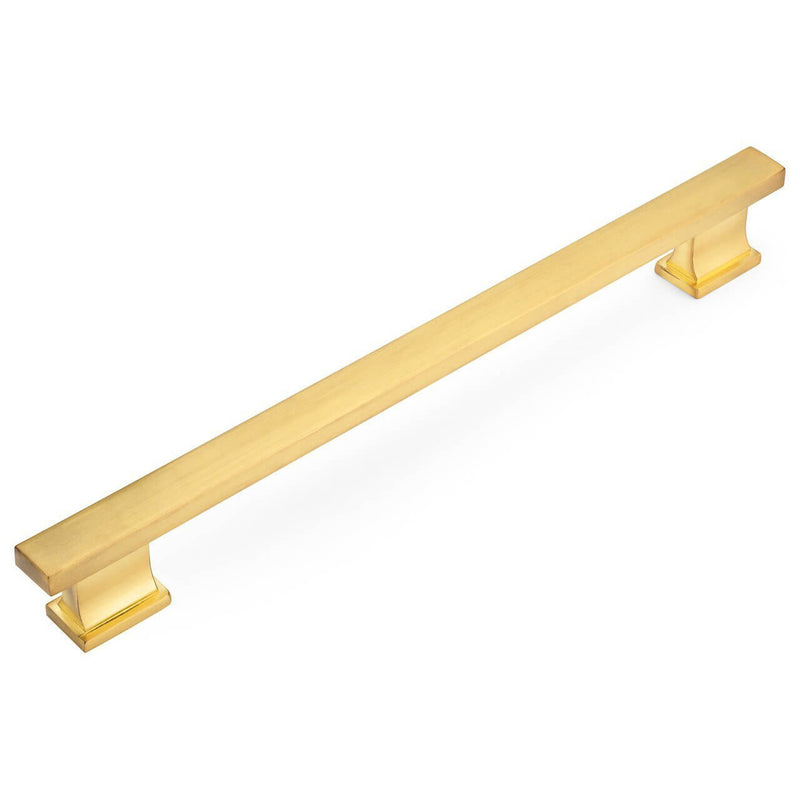 Slim sturdy cabinet pull in brushed brass finish with seven and a half inch hole spacing