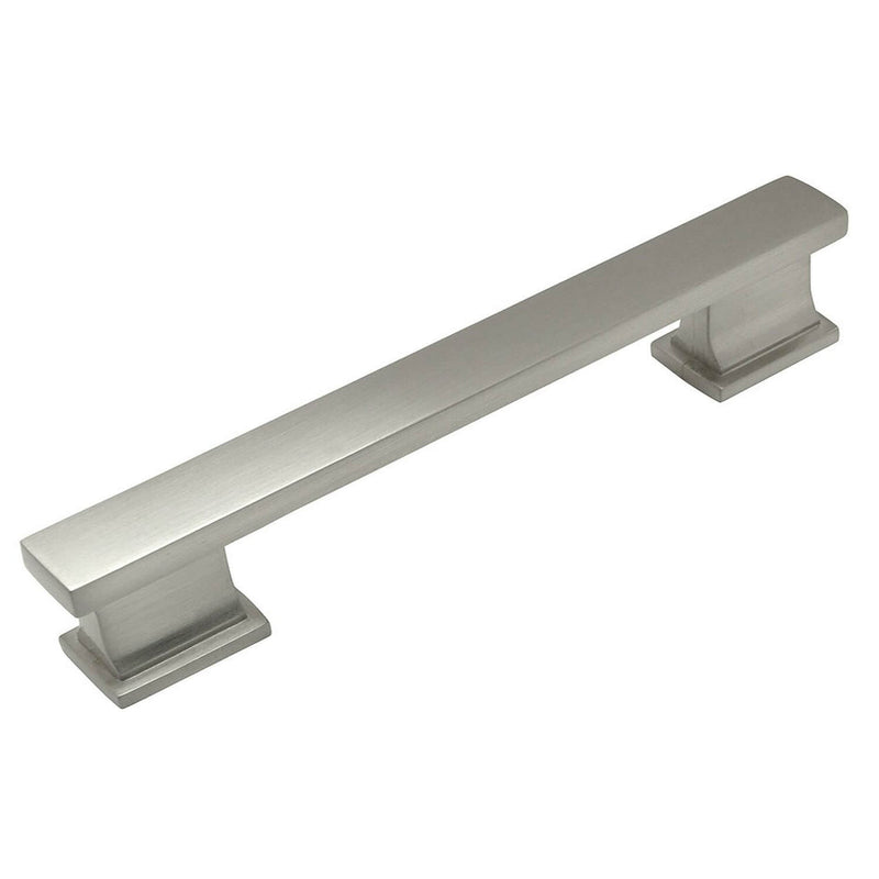 Seven and a half inch hole spacing cabinet drawer pull in satin nickel finish with square edge design