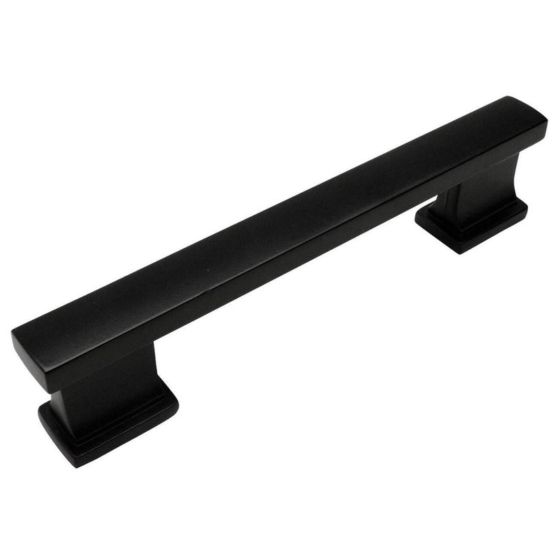 Square edge cabinet drawer pull in flat black finish with seven and a half inch hole spacing
