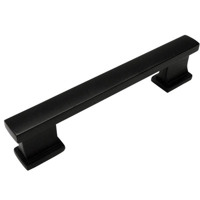Sturdy cabinet pull in flat black finish with square edge design and three and a half inch hole spacing