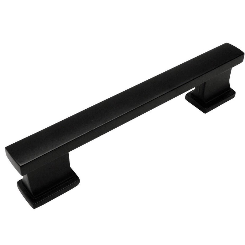 Five inch hole spacing cabinet pull in flat black finish with square edge design and sturdy look