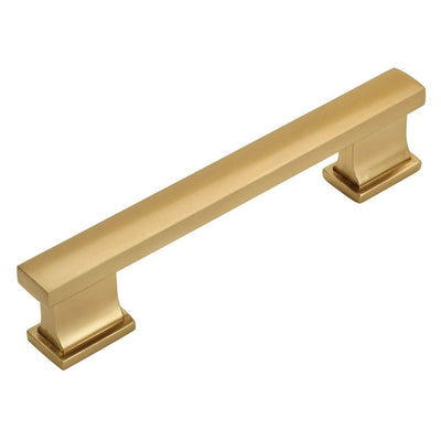 Square edge drawer pull in gold champagne finish with three and a half inch hole spacing