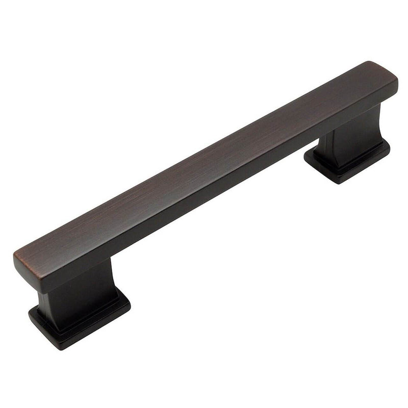 Sturdy drawer pull in oil rubbed bronze finish with three and three quarters inch hole spacing and square edge design
