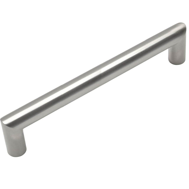 Round bar drawer pull with five inch hole spacing in satin nickel finish