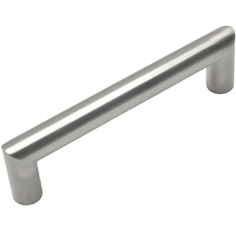 Round bar cabinet pull in satin nickel finish with three and three quarters inch hole spacing