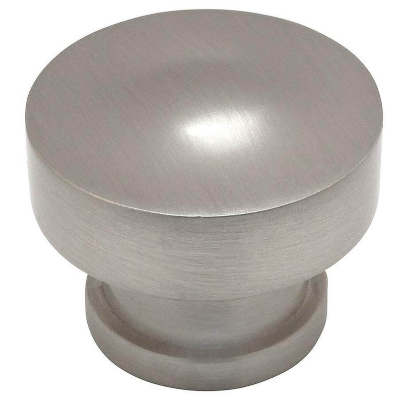 Satin nickel drawer knob with one and a quarter inch diameter and slightly convex surface