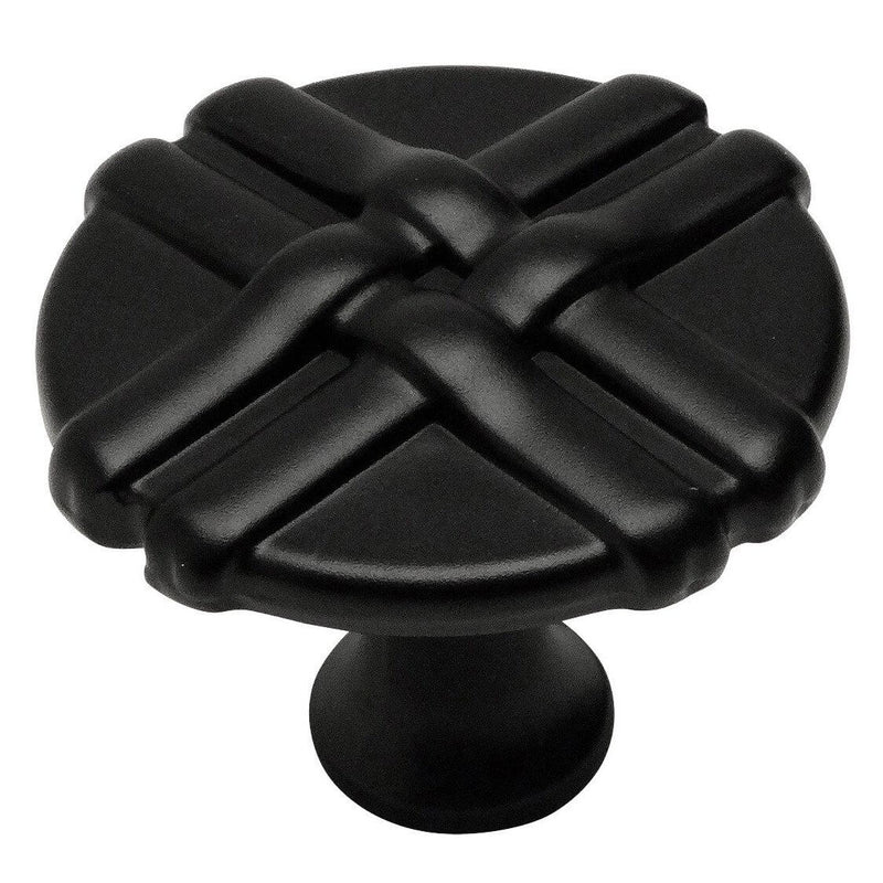 Round drawer knob with woven lines lay over the surface in flat black finish