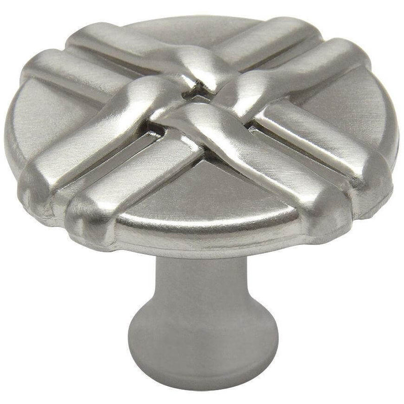 Satin nickel drawer knob with woven lines lay over the surface