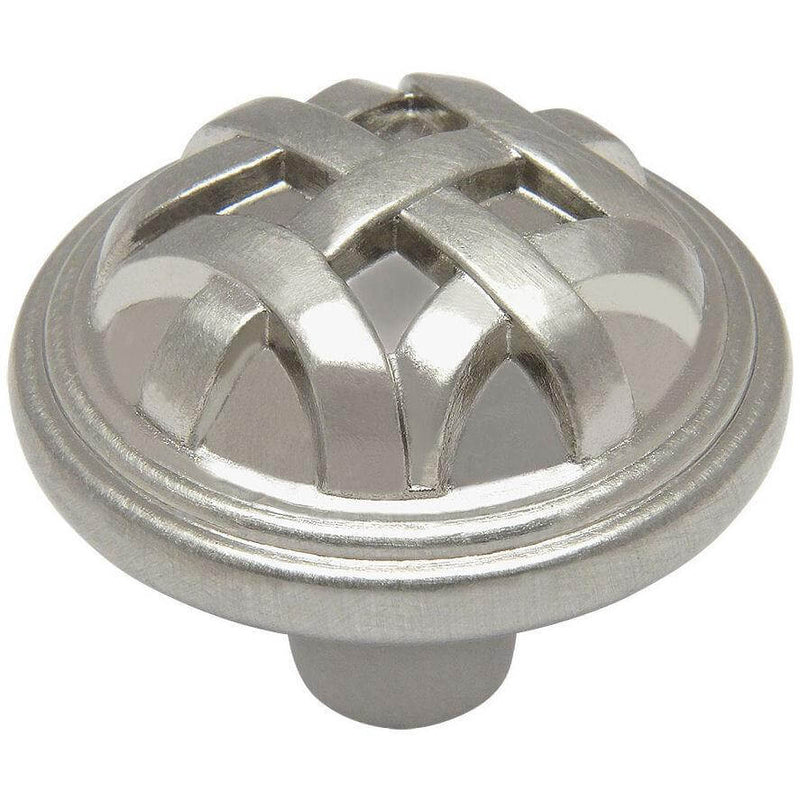 Satin nickel round drawer knob with woven lines design and one and a quarter inch diameter