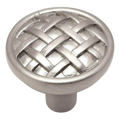 Cabinet knob in satin nickel finish with woven lines design and one and three eighths inch diameter