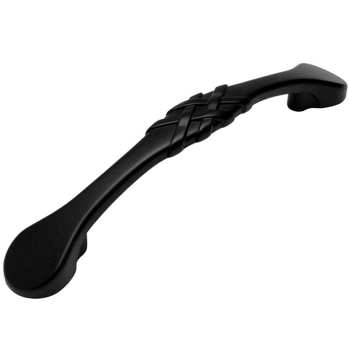 Braided cabinet pull in flat black finish with three and three quarters inch hole spacing 