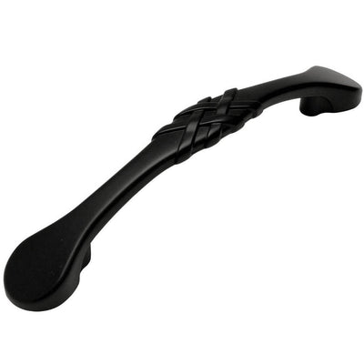 Braided cabinet pull in flat black finish with three and three quarters inch hole spacing 