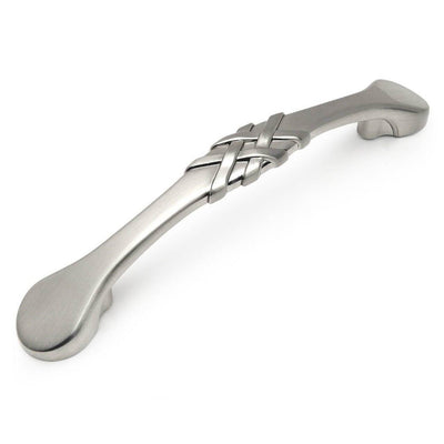 Slim cabinet drawer pull with braid design in satin nickel finish 