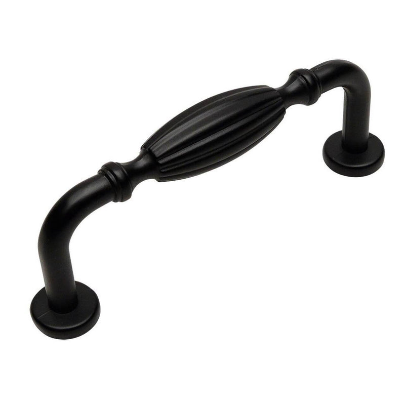 Three inch hole spacing cabinet pull in flat black finish with an oval form in the middle