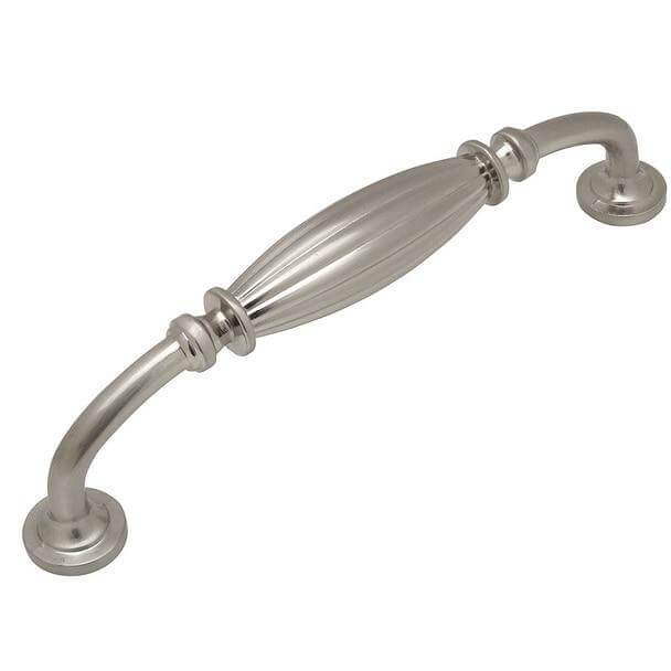 Satin nickel drawer pull with five inch hole spacing and an engraved oval form in the middle