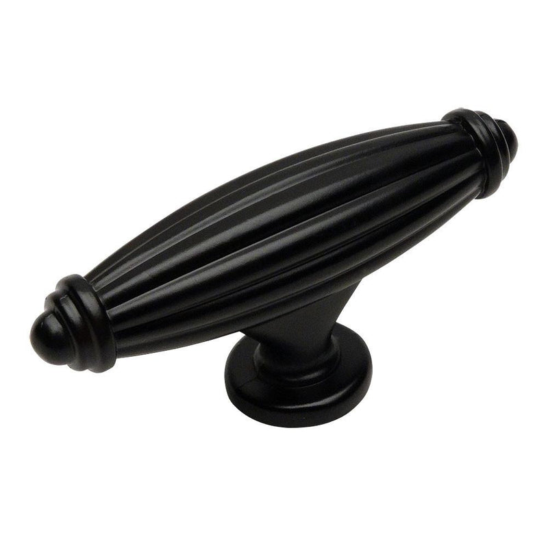 Drawer knob in flat black finish with pointy ends and two and five eighths inch length