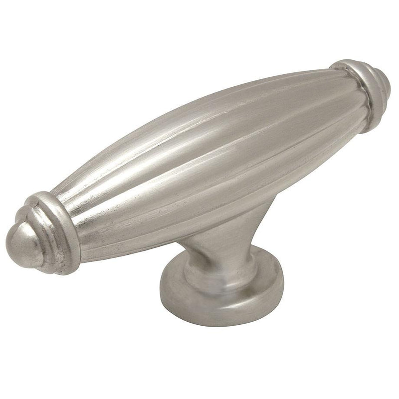 Two and five eighths inch length cabinet drawer knob in satin nickel finish