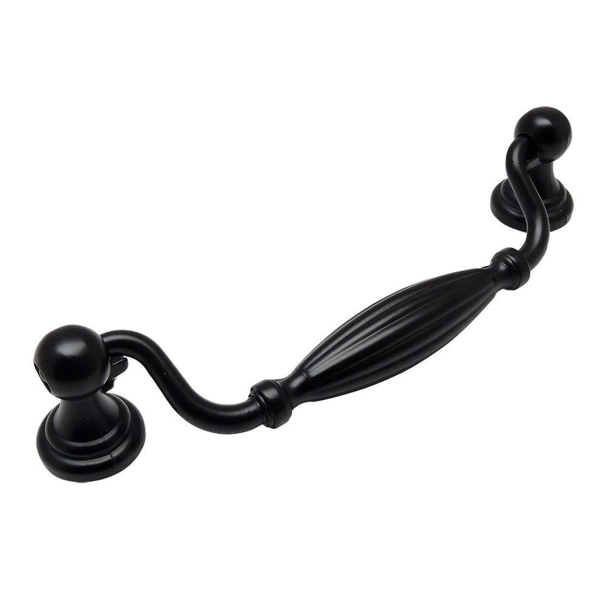 Five inch hole spacing cabinet drawer pull in flat black finish with an oval form in the middle