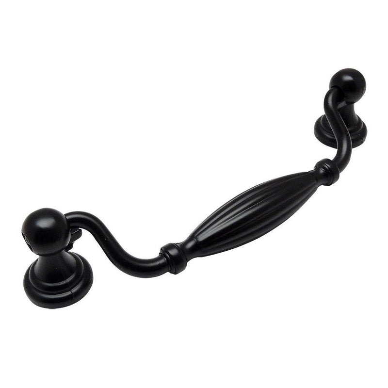 Five inch hole spacing cabinet drawer pull in flat black finish with an oval form in the middle