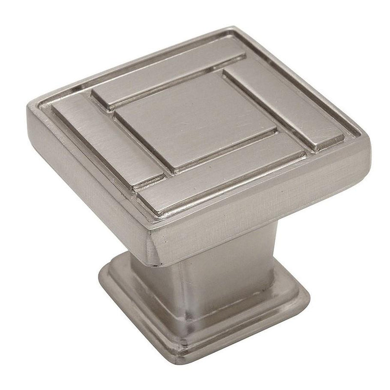 Satin nickel square drawer knob with rectangles and square carving on surface