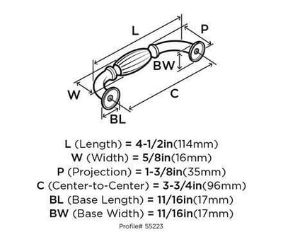 Diagram of dimensions of three and three quarters inch hole spacing drawer pull in weathered nickel finish with walnut shaped centre