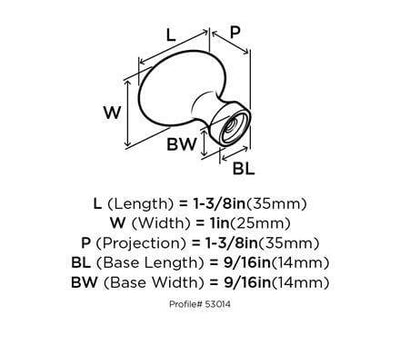 Diagram of dimensions of oil rubbed bronze cabinet knob with oval shape and striking light and one and three eighths inch length