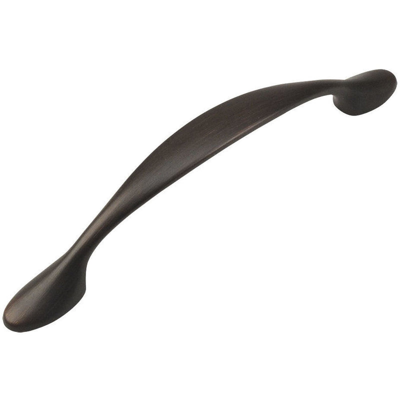 Drawer pull in oil rubbed bronze finish with three and three quarters inch hole spacing with flat wide handle design