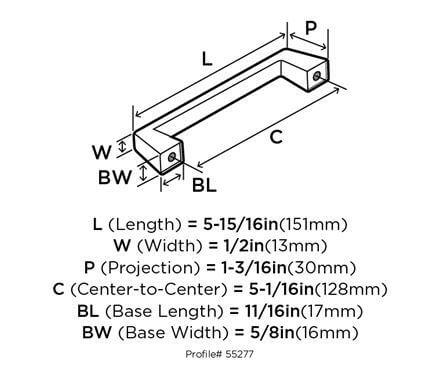 Diagram of dimensions of oil rubbed bronze drawer pull with square rigid design