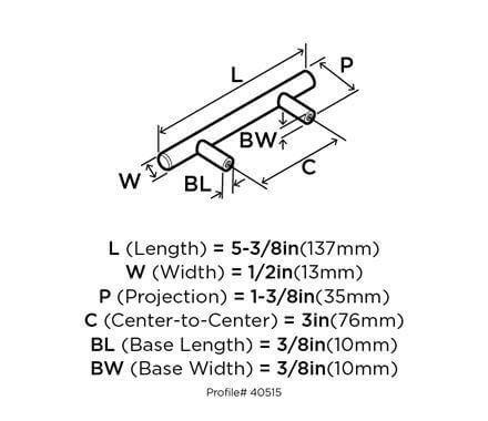 Diagram of dimensions of straight bar cabinet pull in oil rubbed bronze finish with three inch hole spacing