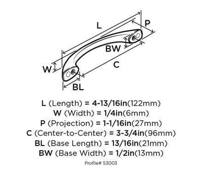 Diagram of dimensions of three and three quarters inch hole spacing cabinet drawer pull in flat black finish with smooth arch design