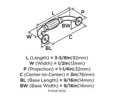 Diagram of dimensions of almond shaped design cabinet pull in satin nickel finish with three inch hole spacing