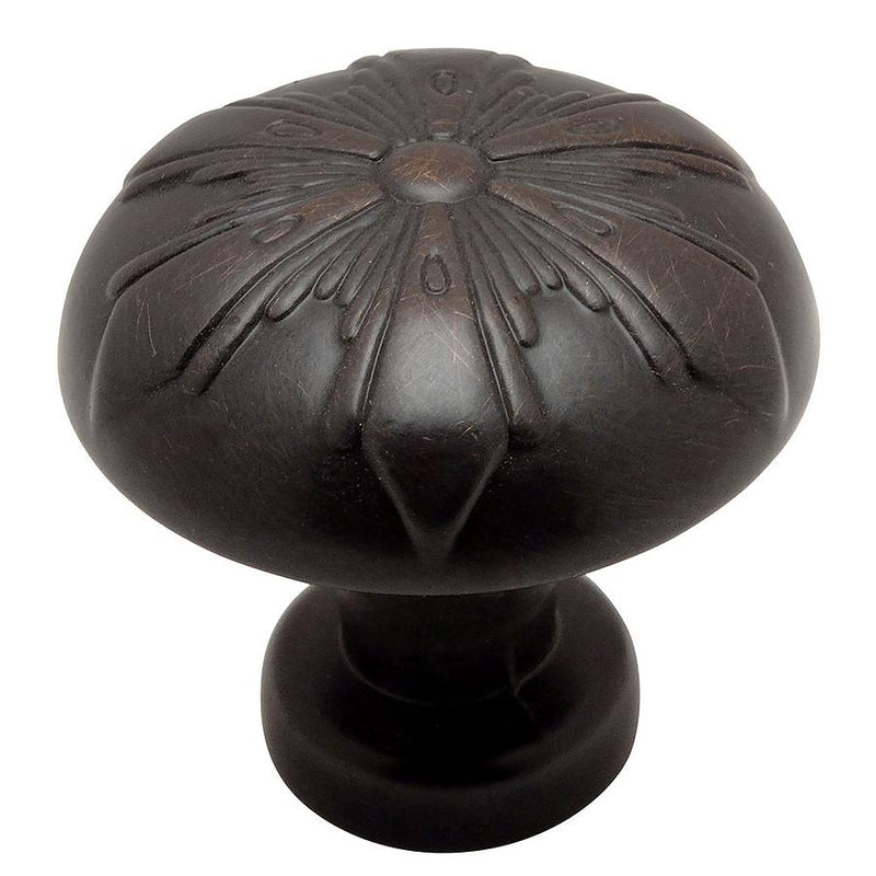 Drawer knob in oil rubbed bronze with umbrella shape and decorative carving