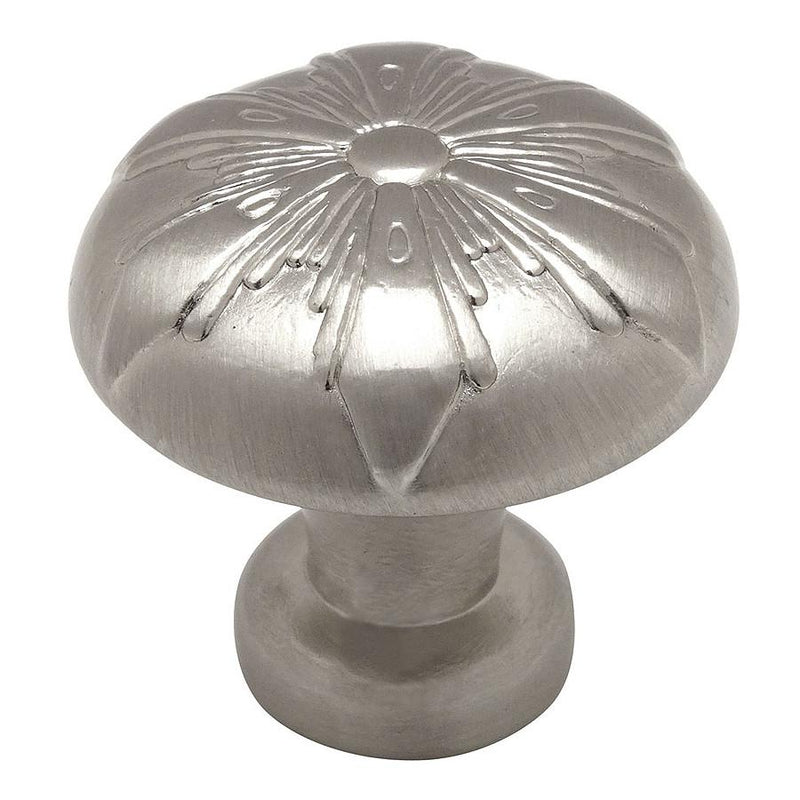 Satin nickel drawer knob with umbrella shape and one and three sixteenths inch diameter