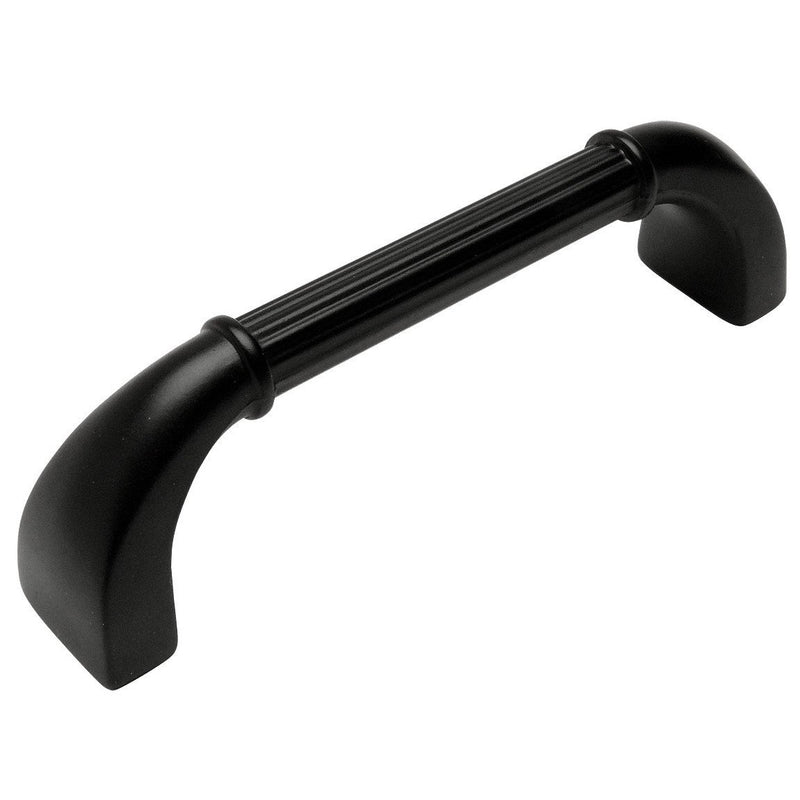 Sturdy ends cabinet drawer pull in flat black finish with three and three quarters inch hole spacing and engraving in the middle