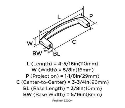 Diagram of dimensions of three and three quarters inch hole spacing cabinet drawer pull in polished chrome finish with rope accents along the edges