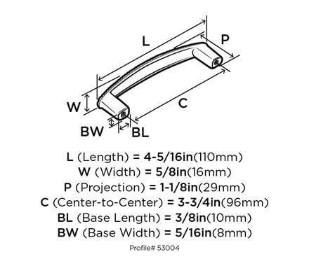 Diagram of dimensions of oil rubbed bronze cabinet pull with rope accent along the edges