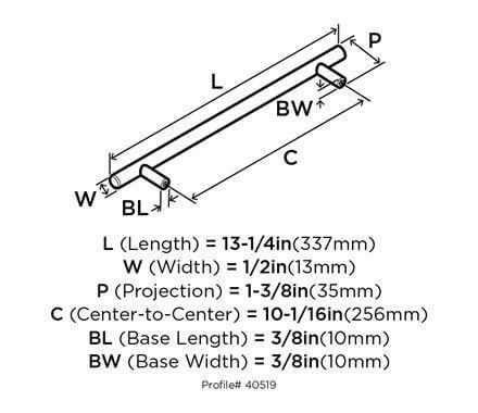 Diagram of dimensions of sleek straight cabinet handle pull in oil rubbed bronze finish with ten inch hole spacing