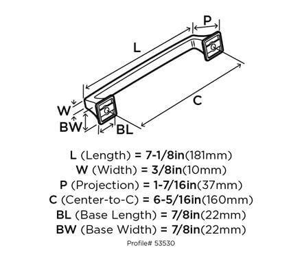 Diagram of dimensions of drawer pull in satin nickel finish with flare ends design and six and five sixteenths inch hole spacing
