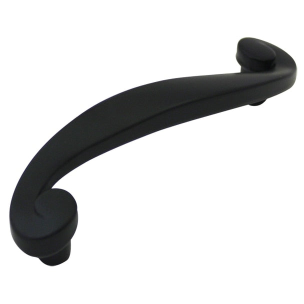 Three inch hole spacing cabinet pull in flat black finish with swirl design