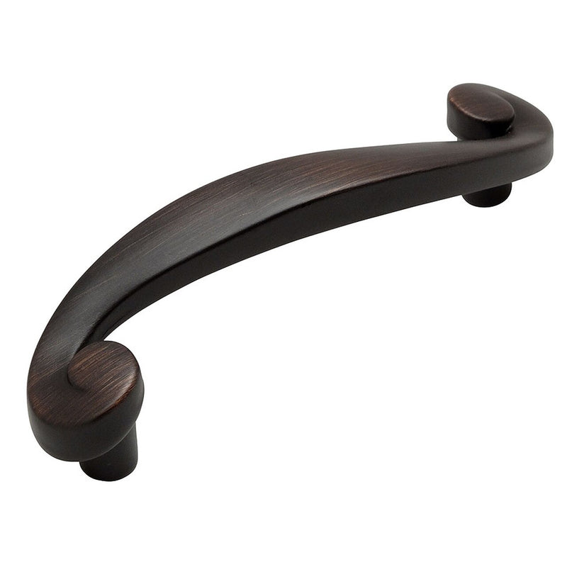 Three inch hole spacing cabinet pull with swirl design in oil rubbed bronze finish