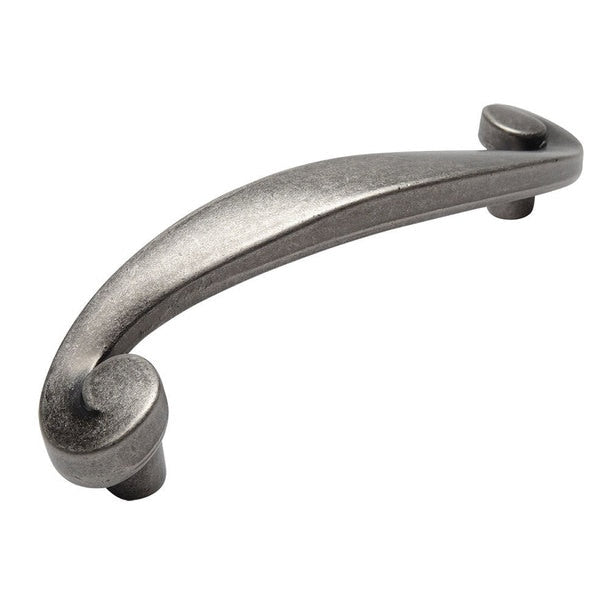 Three inch hole spacing handle pull in weathered nickel finish with swirl design